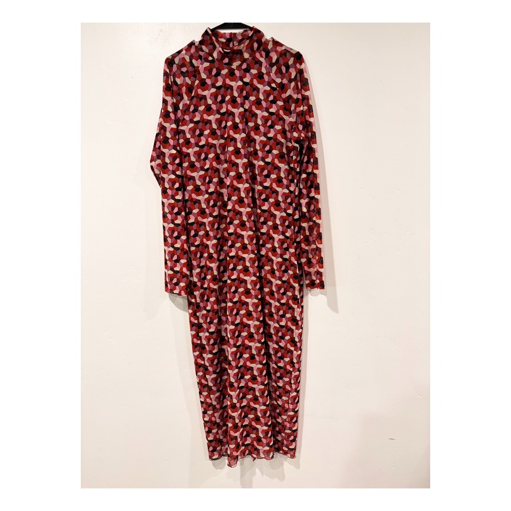 Anthropologie Mesh Geometric Honeycomb Mock Neck Midi Dress Red Pink XL - Picture 2 of 5